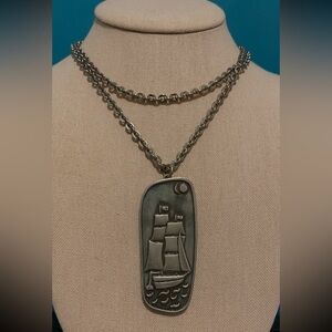 Jorgen Jensen necklace pendant pewter vintage ship boat nautical 31” chain